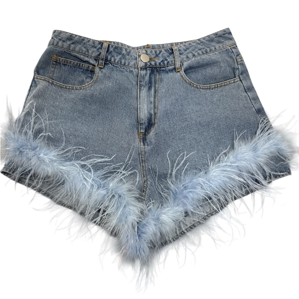 Le Lis Light Blue Feather Accent Jean Shorts